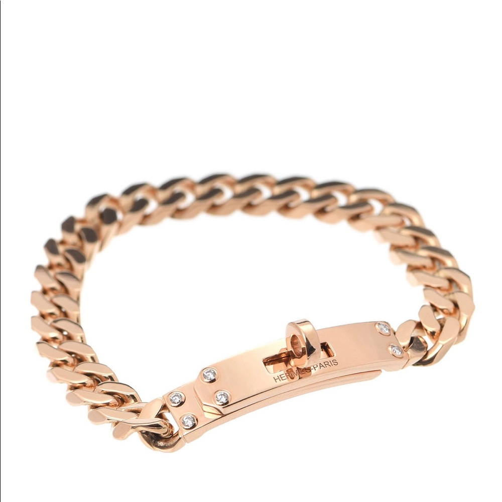 HERMES 18K Rose Gold Diamond PM Kelly Chaine Bracelet XS
